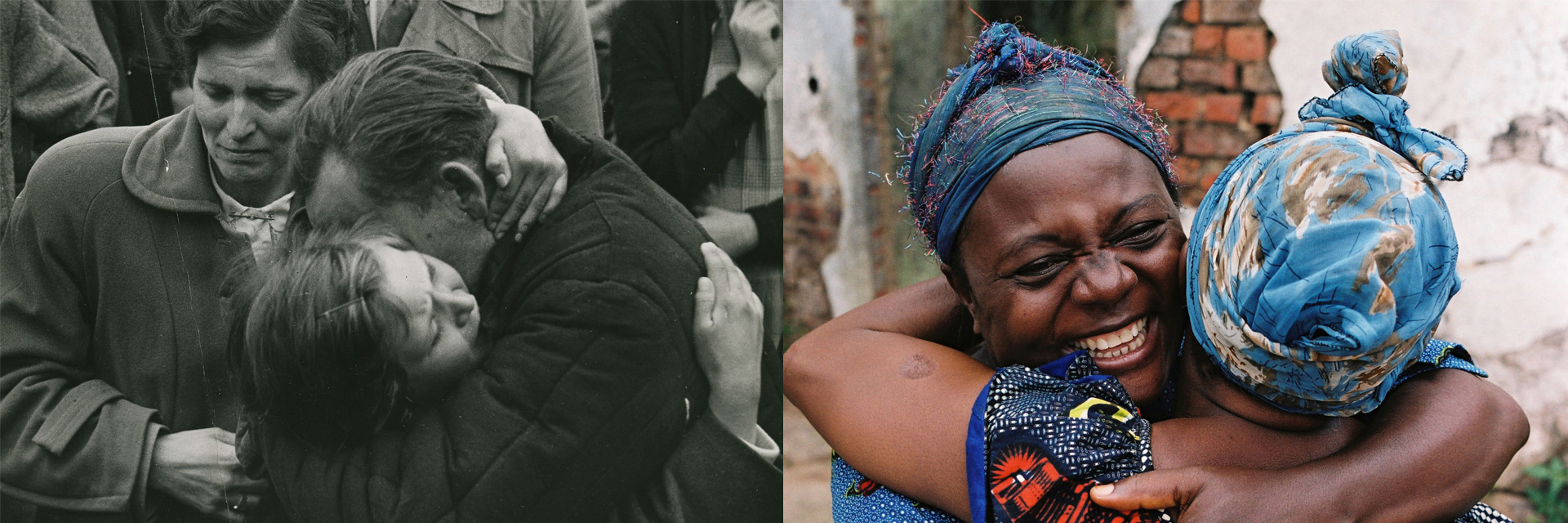 Zwei Fotos nebeneinander. Links zeigt ein Schwarz-Weiß-Foto ein junges Mädchen, das seinen Vater umarmt. Das Foto rechts zeigt zwei schwarze Frauen, die sich umarmen.
